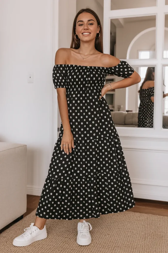 Off Shoulder Polka Dot Long Tiered Dress with Sneaker