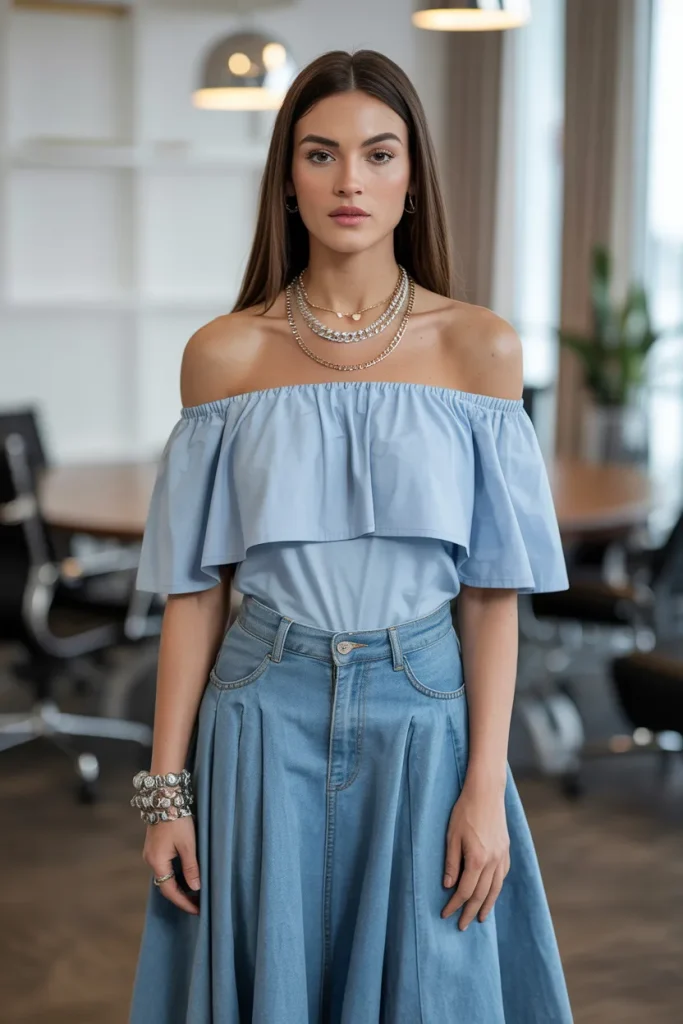 Off Shoulder Top with Denim Skirt