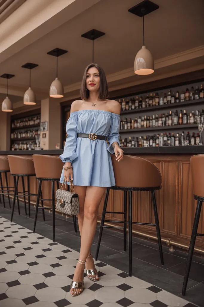 Off Shoulder Top with Short Dress with Gucci Handbags for Date