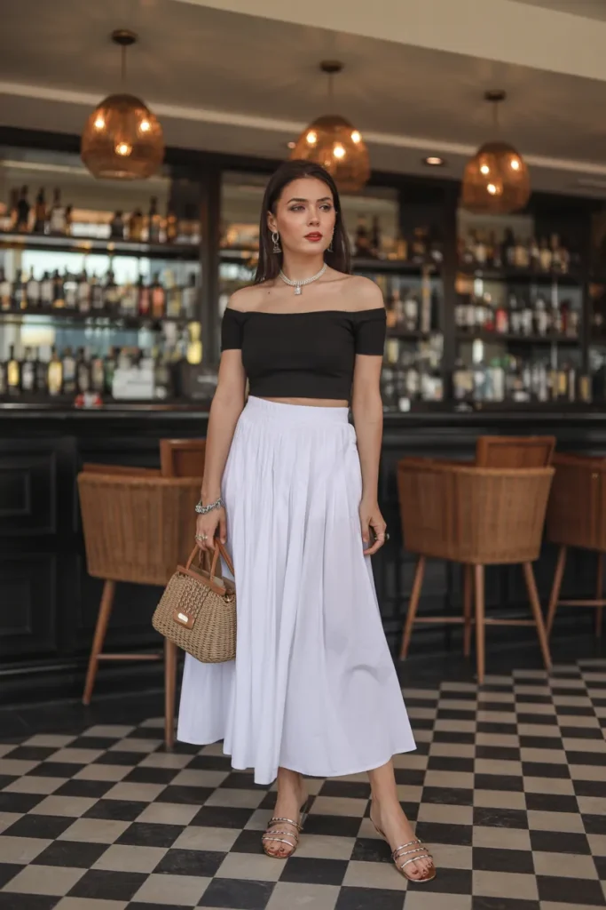 Off Shoulder Top with White Skirt and Khushi Handbag with Strap Flats