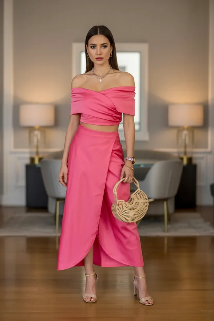 Off-Shoulder Top with Wrap Long Skirt and Ankle Heels