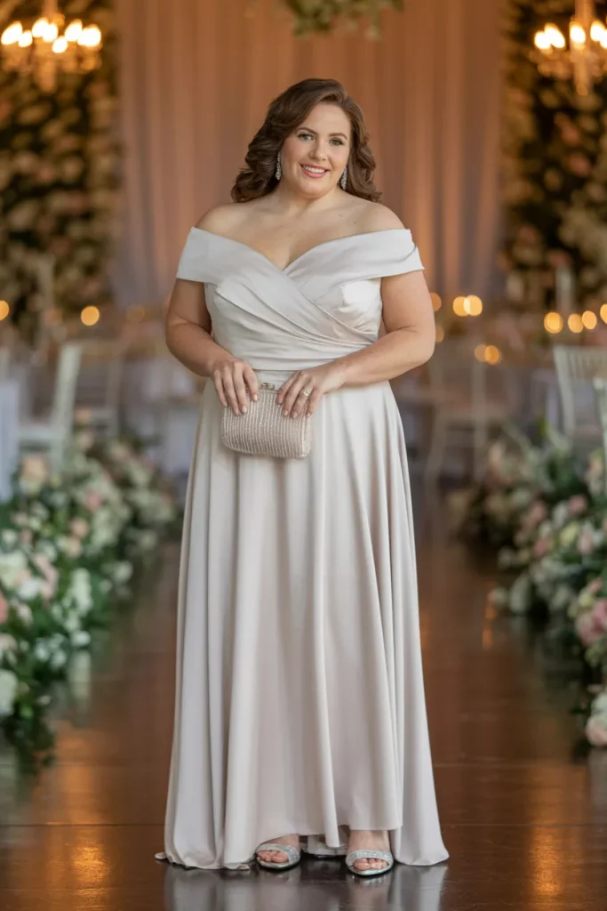 Off Shoulder Wedding Dress with Clutch and Silver Heels