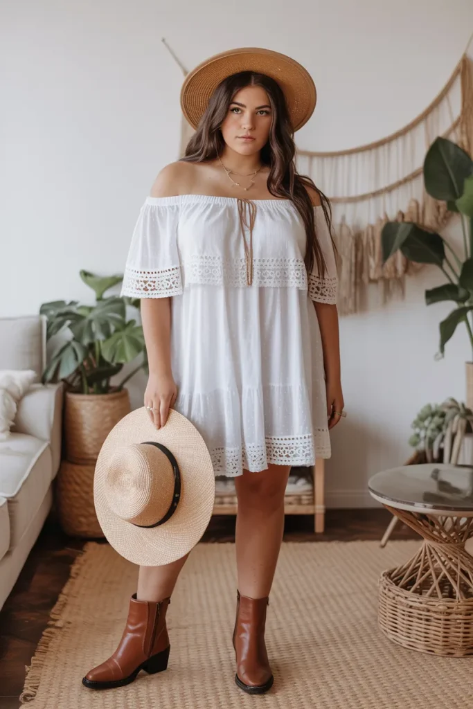 Off Shoulder White Boho Dress Brown Ankle Boots Straw Hat