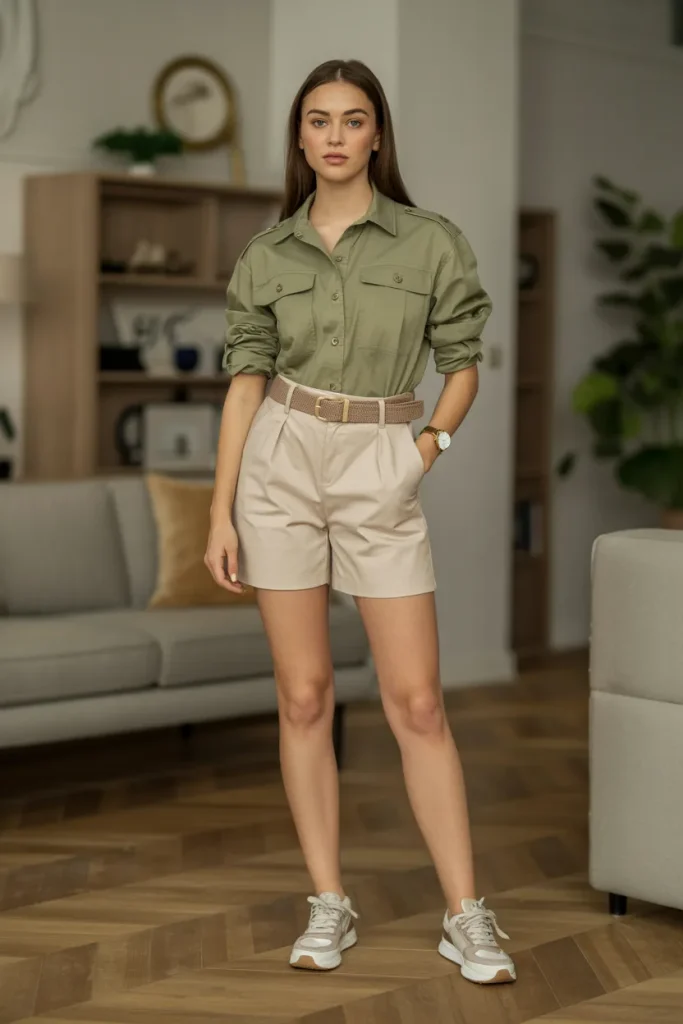 Olive Green Utility Shirt Beige Shorts