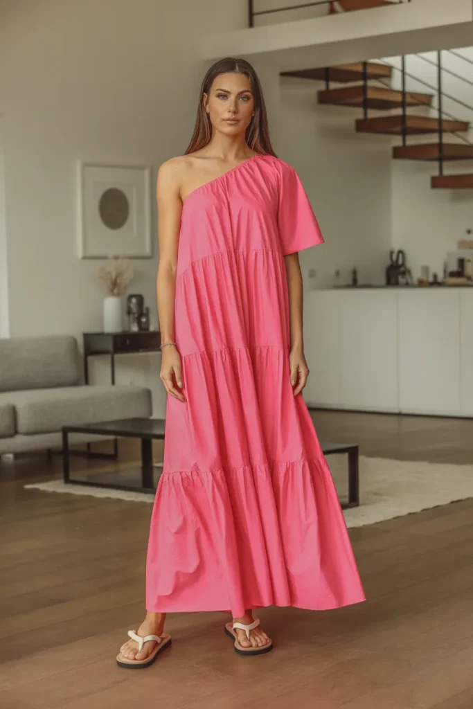 One Shoulder Long Up Down Tiered Dress with T Strap Flip Flop