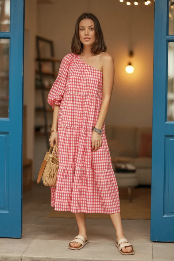 One Shoulder Midi Checks Tiered Dress with Flats Sandal