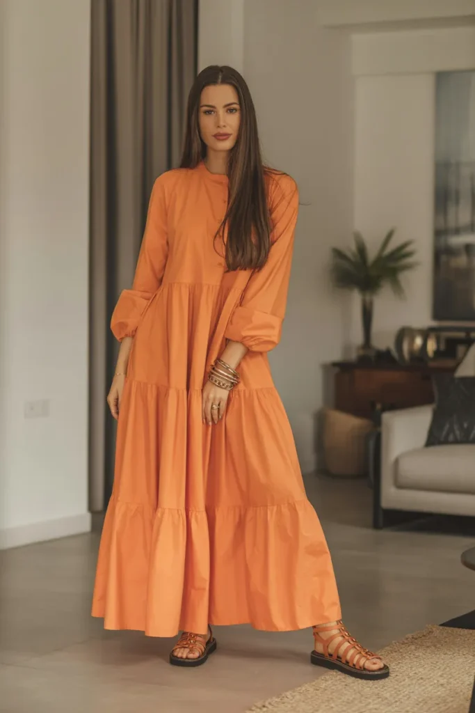 Orange Long Tiered Dress with Gladiator Sandal