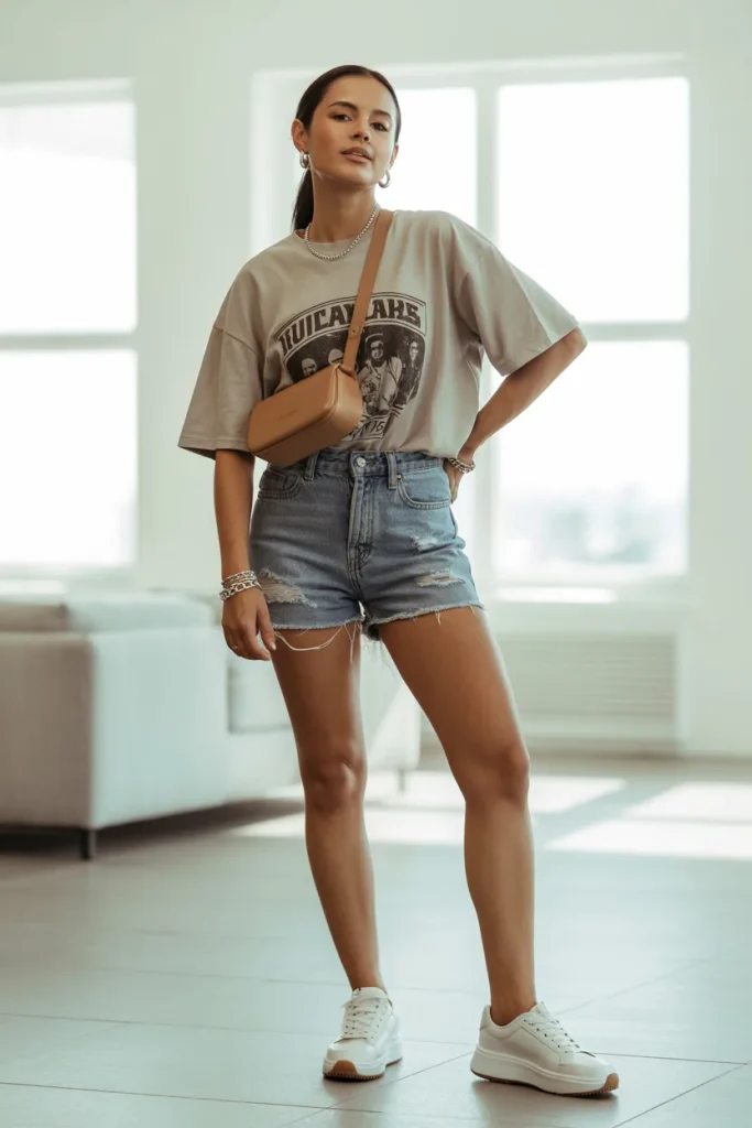 Oversized Graphic Tee Denim Shorts