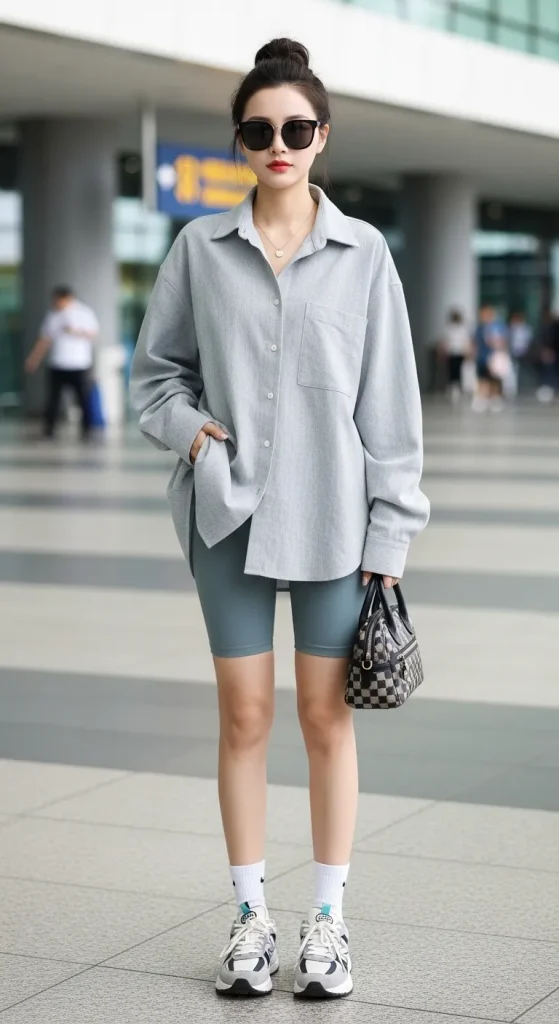Oversized Shirt with Yoga Shorts and Sneakers