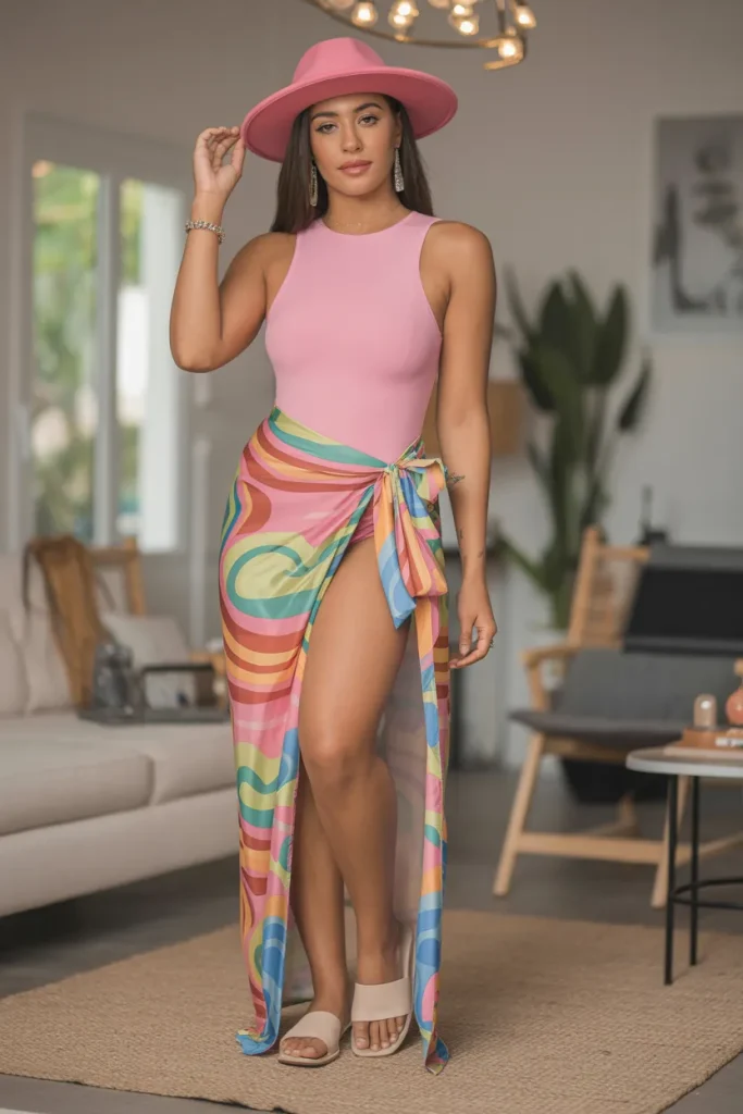 Pink Bodysuit with Wrap Multi Colors Sarong and Hat