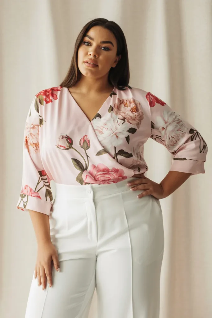 Pink Floral Blouse with White Tailored Pants