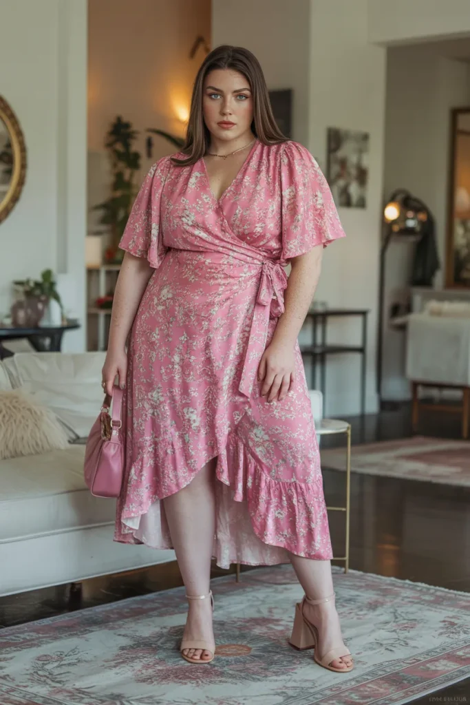 Pink Floral Boho Wrap Dress Nude Heeled Sandals Pink Shoulder Bag
