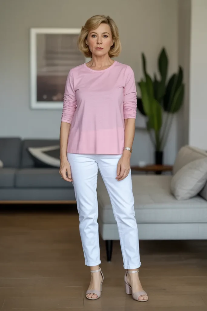 Pink Long Sleeve T Shirt with White Jeans and Ankle Heels