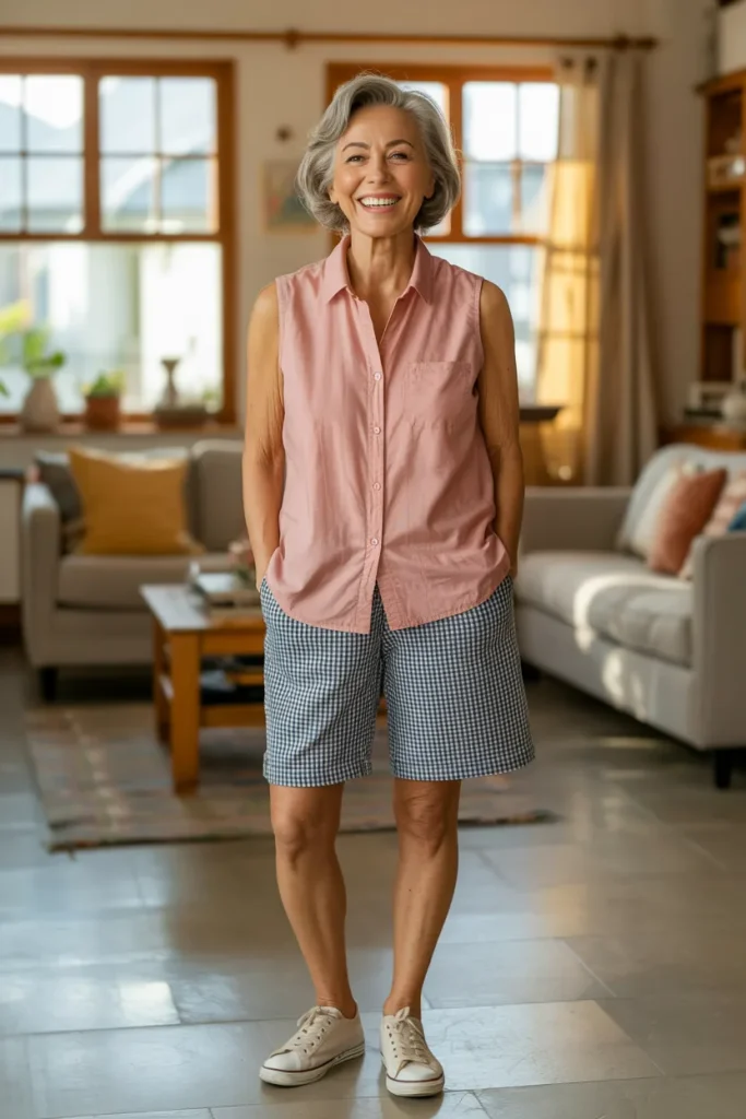 Pink Sleeveless Button Down Shirt with Checks Shorts