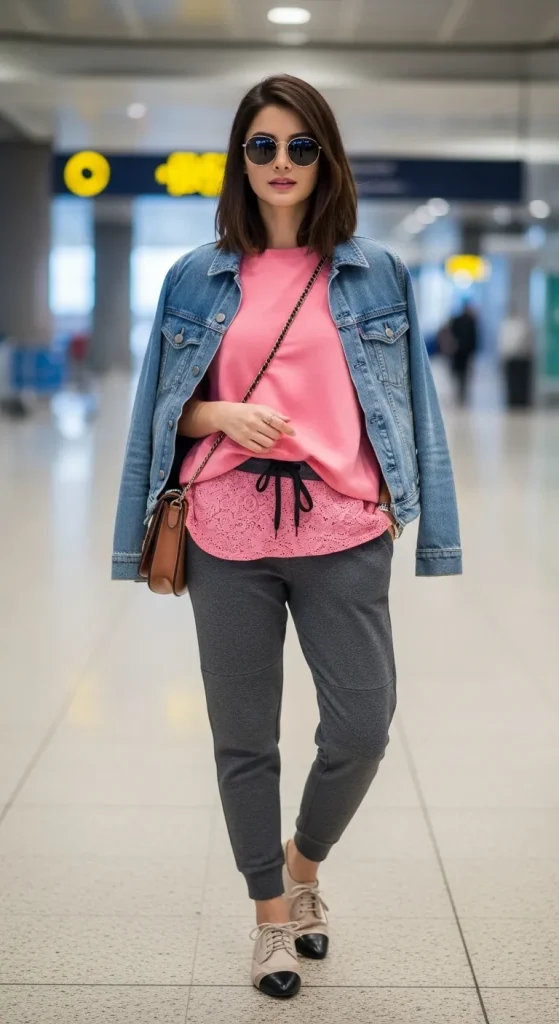 Pink Top with Jogger Over Denim Jacket and Shoes