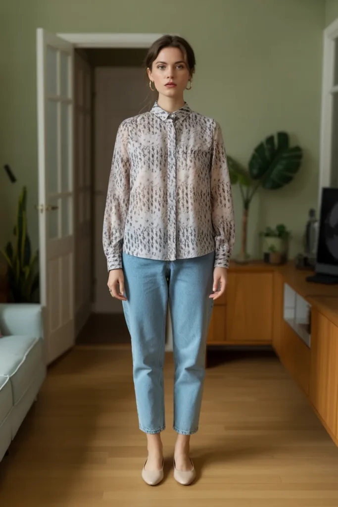 Printed Blouse with Ankle Jeans and Ballet Flats