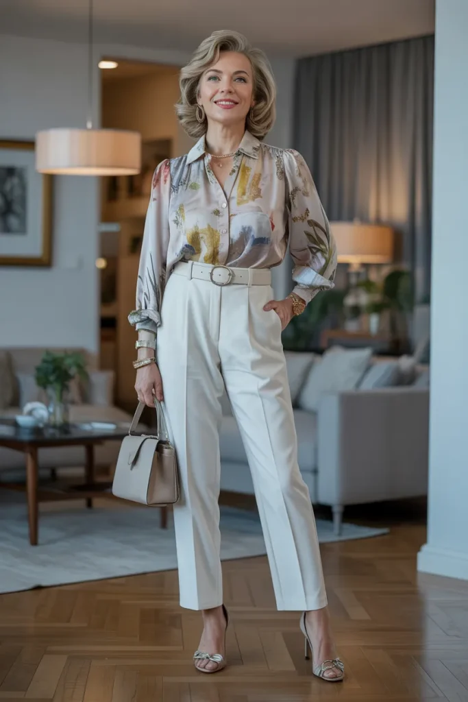 Printed Blouse with White Trouser and Belt