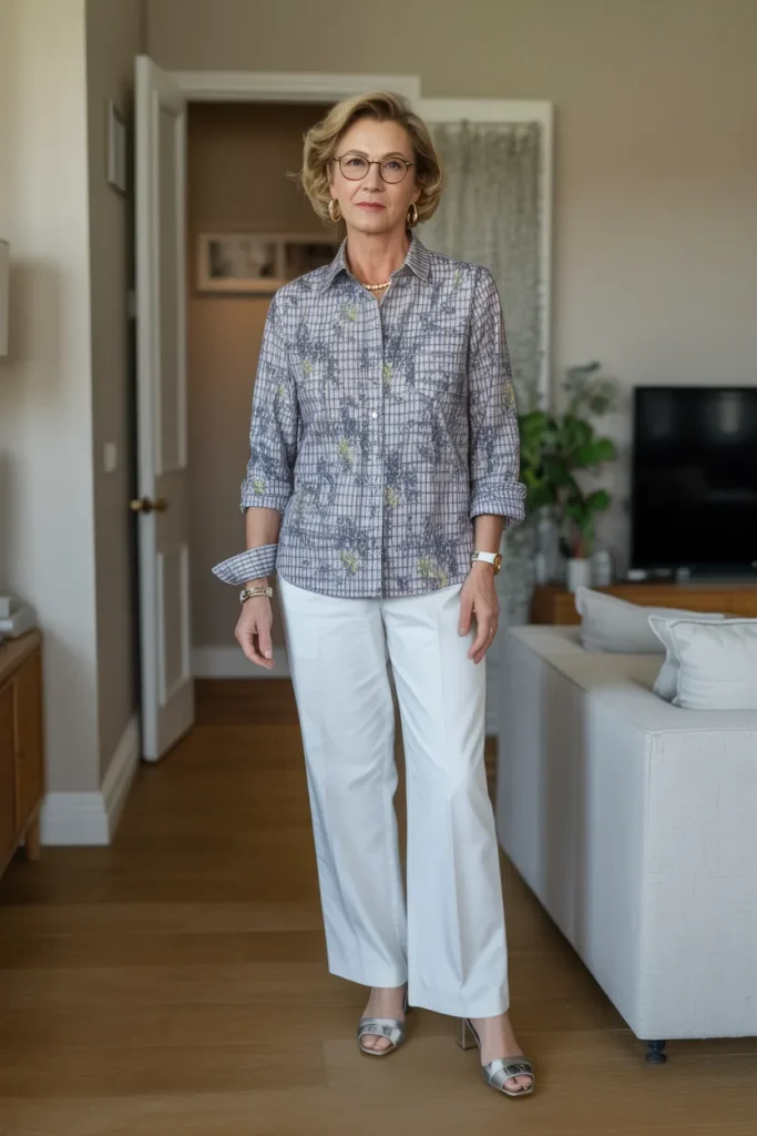 Printed Button Down Shirt with White Trouser