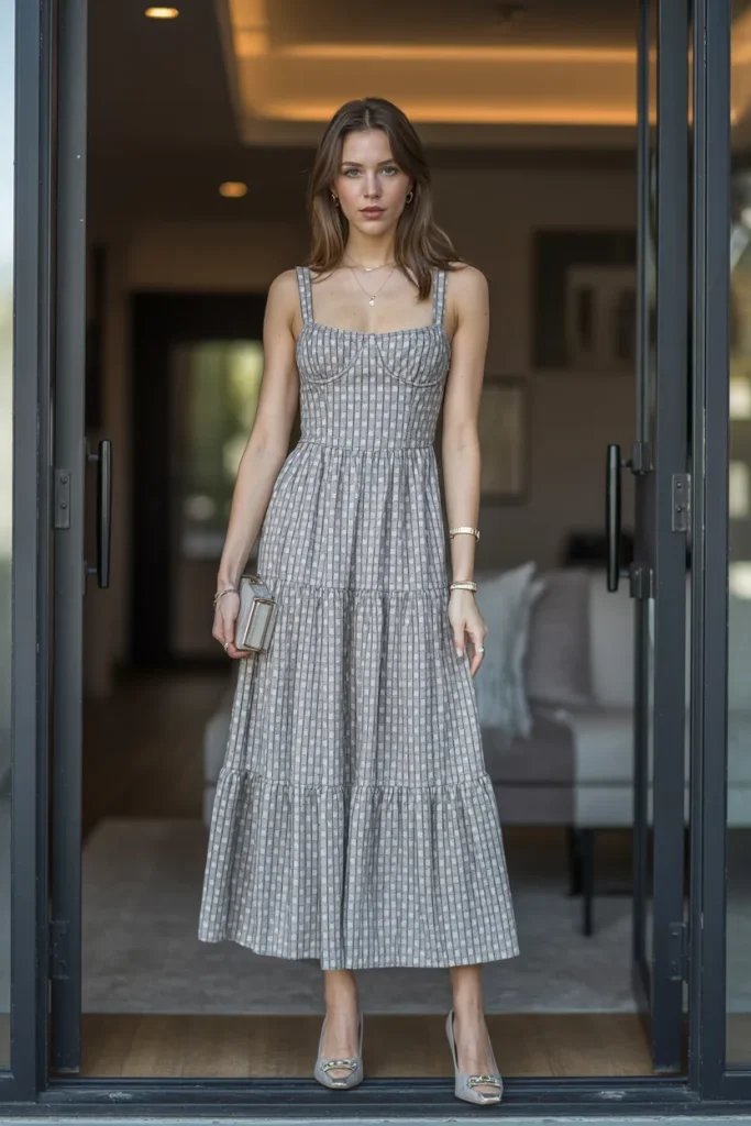 Printed Corset Long Tiered Dress with Pumps