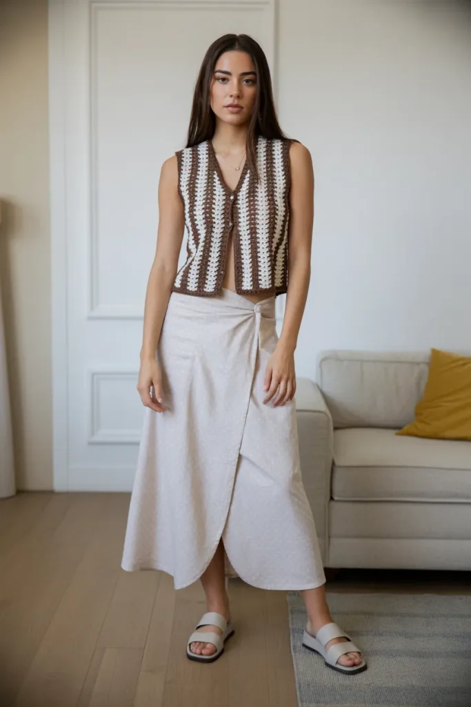 Printed Crochet Vest Top with Wrap Skirt