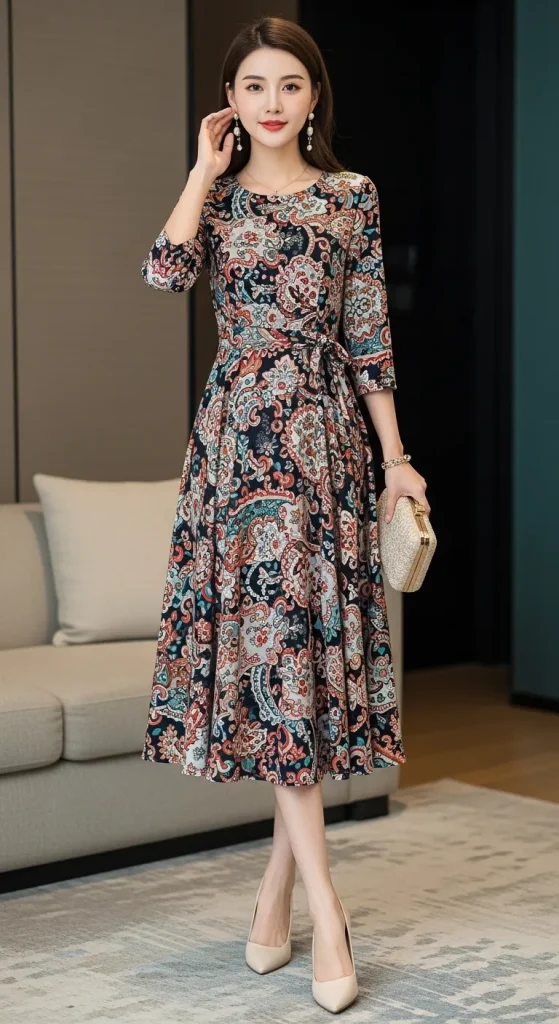 Printed Midi Dress with Pumps and Clutch