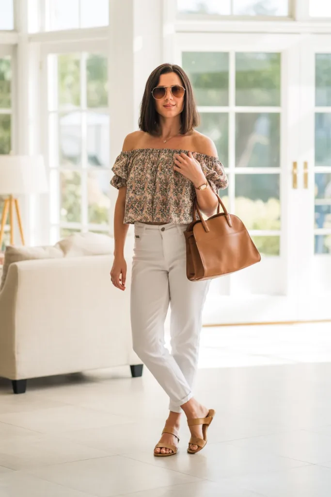 Printed Off Shoulder Crop Top with White Ankle Jeans
