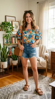 Printed Off Shoulder Top with Denim Shorts