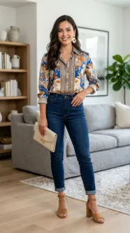 Printed Shirt with Jeans and Open Toe Heels