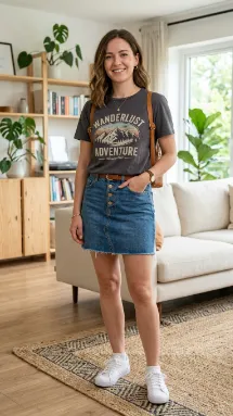 Printed T Shirt with Denim Skirt