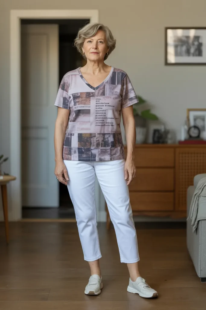 Printed V Neck Cotton T Shirt with White Ankle Jeans