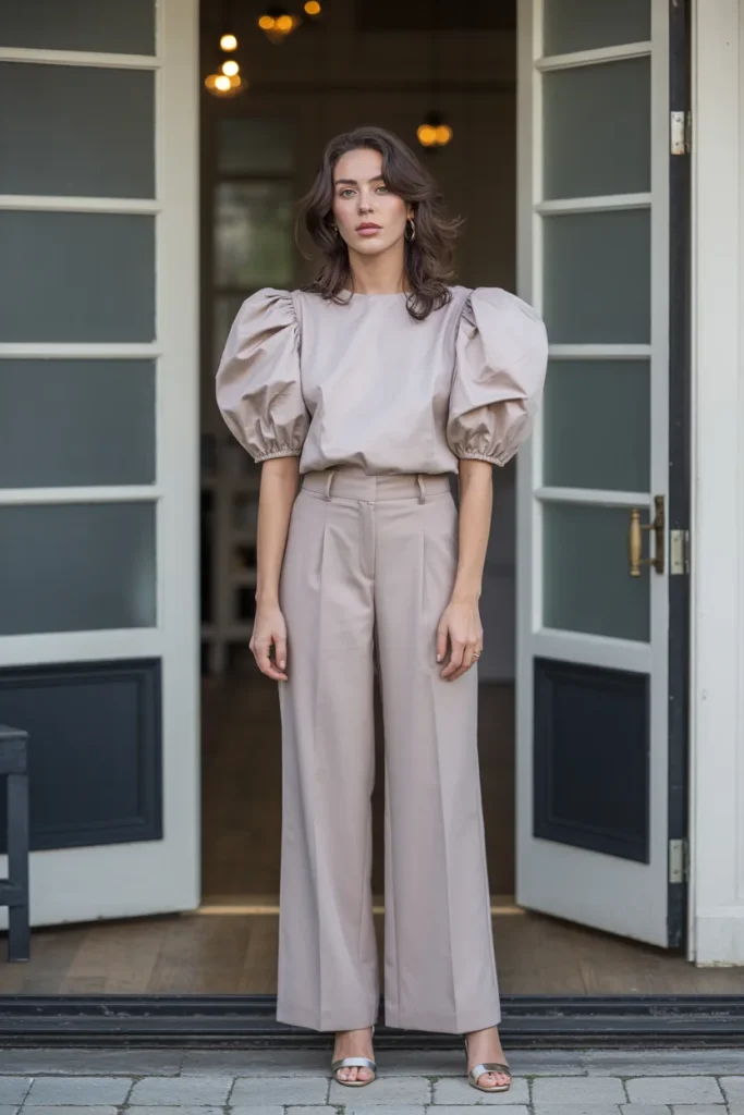 Puff Sleeve Blouse with Wide Leg Trouser
