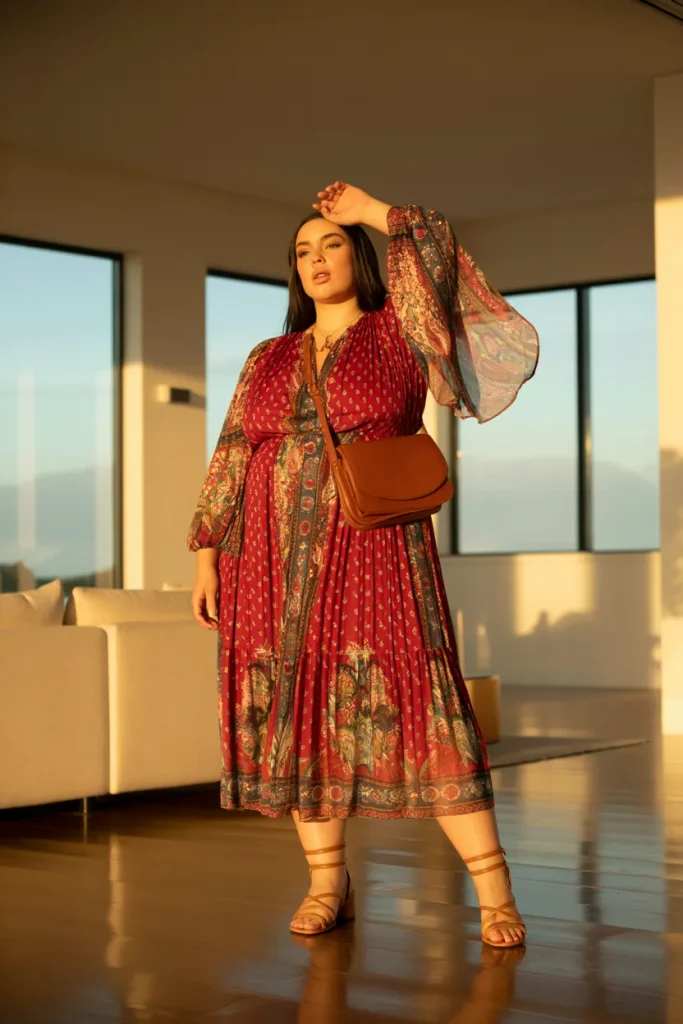 Red Boho Printed Midi Dress with Flared Sleeves Tan Sandals Brown Crossbody Bag