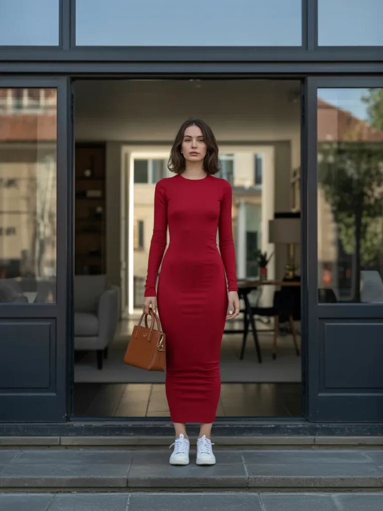 Red Long Skinny Dress with Sneakers and Leather Handbag