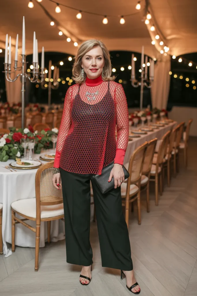 24 Dinner Night Outfits for Women Over 50 with Style modern chic 24 Red Net Blouse with Black Dress Pants
