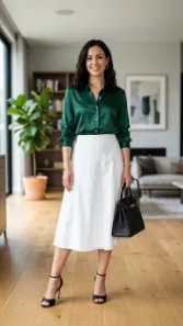 Silk Button Down Shirt with White Skirt and Open Toe Heels