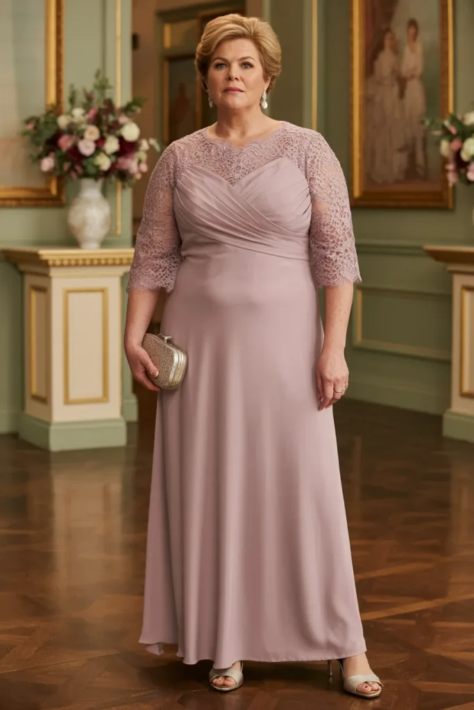 Silk Long Floor Length Gown with Lace Net Sleeves
