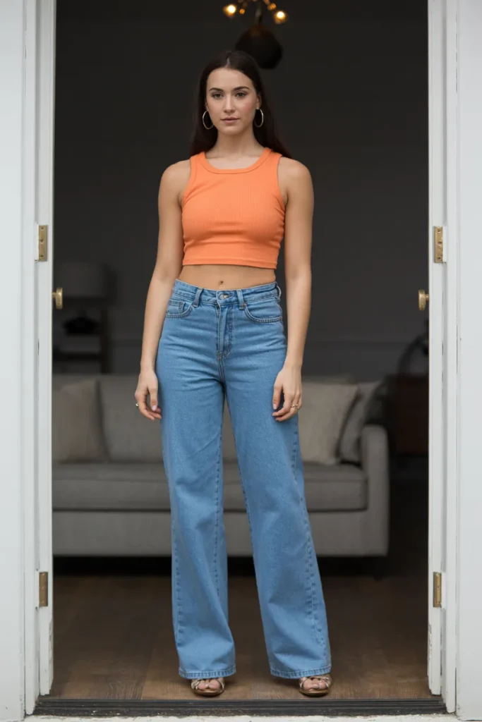 Skinny Orange Crop Top with Wide Leg Jeans