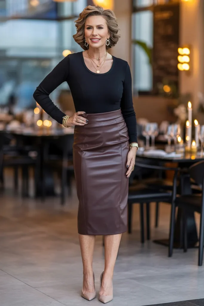 24 Dinner Night Outfits for Women Over 50 with Style modern chic 18 Skinny Top with Faux Leather Skirt for Dinner Night