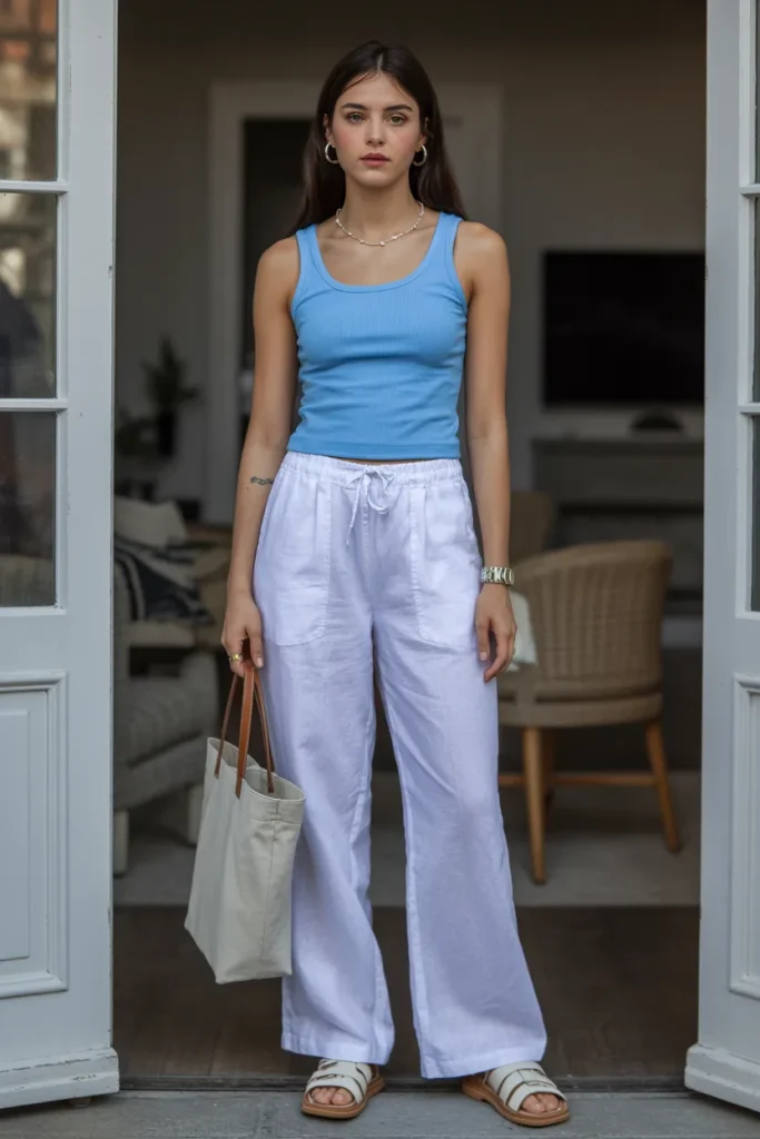 Sky Blue Tank White Linen Pants