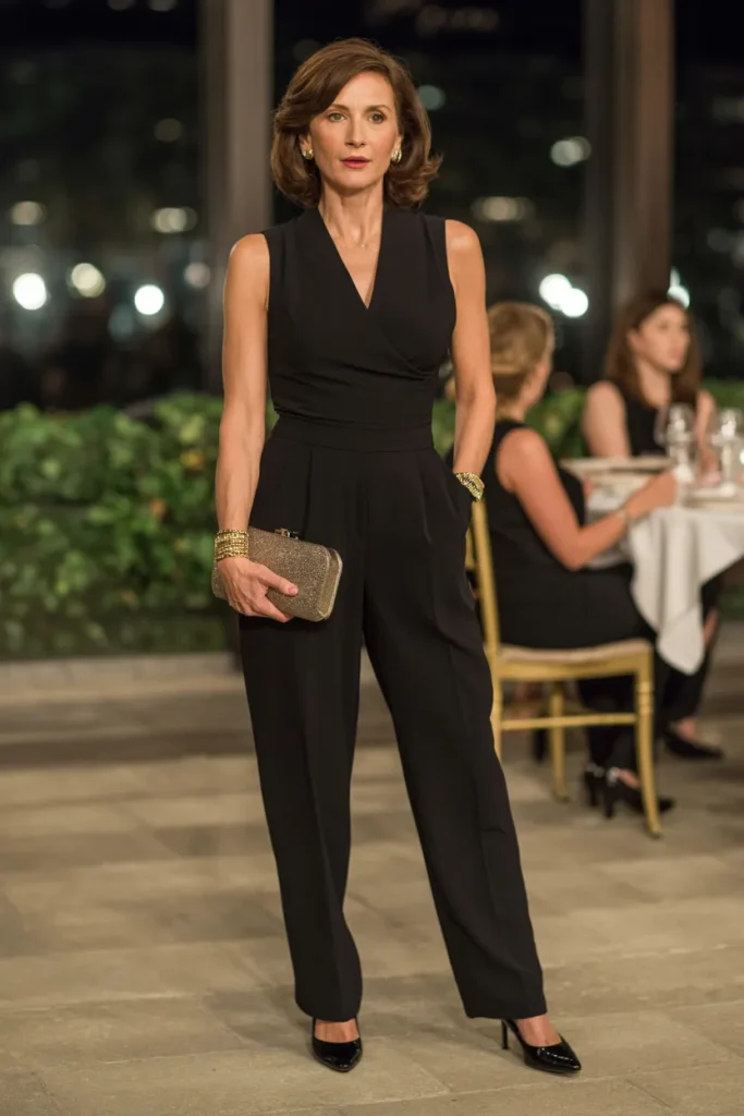 24 Dinner Night Outfits for Women Over 50 with Style modern chic 3 Sleeveless Black Jumpsuit