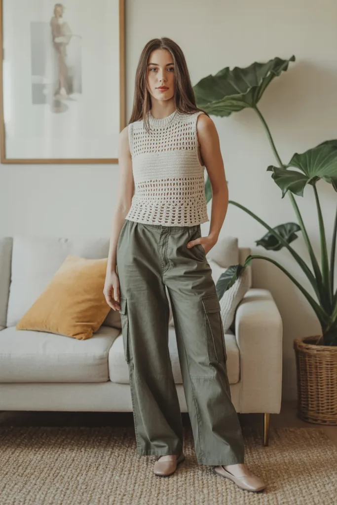 Sleeveless Crochet Top with Cargo Pants and Flats