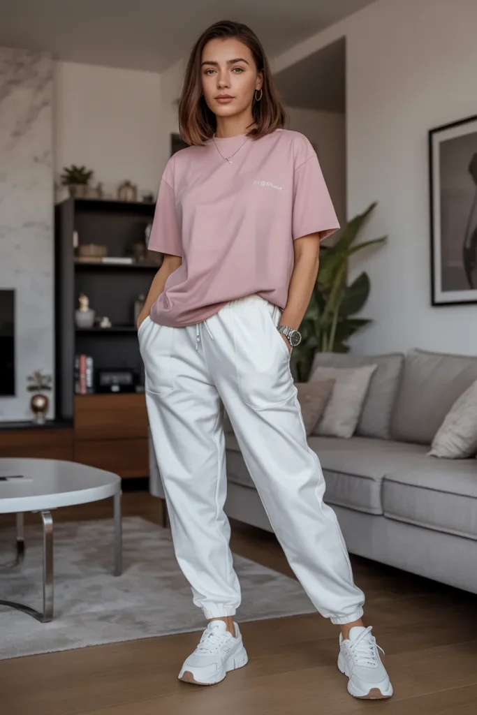 Soft Pink Tee White Joggers