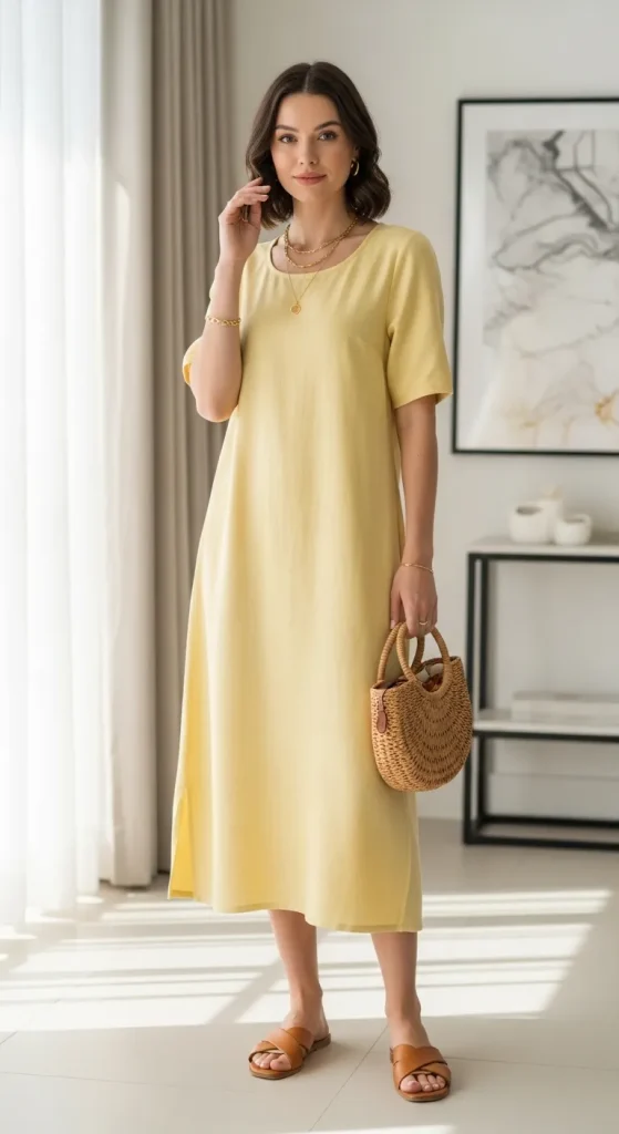 Soft Yellow Linen Midi Dress
