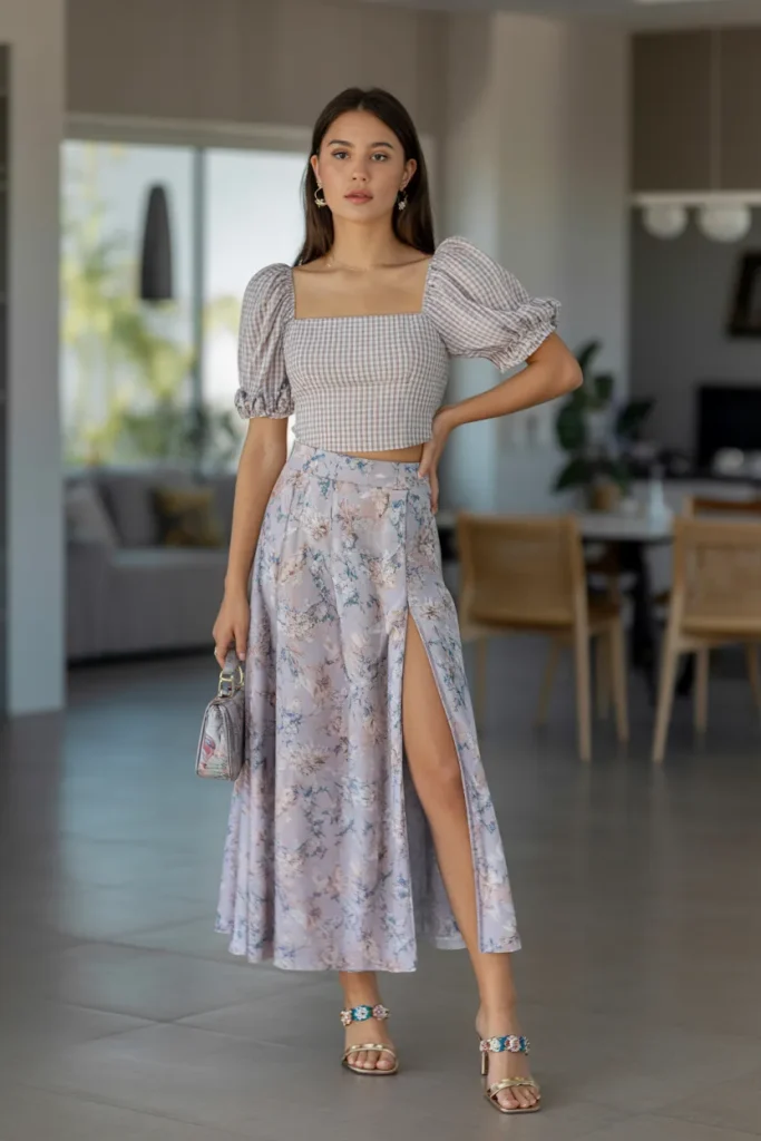 Square Neck Check Top with Floral Printed Slit Skirt