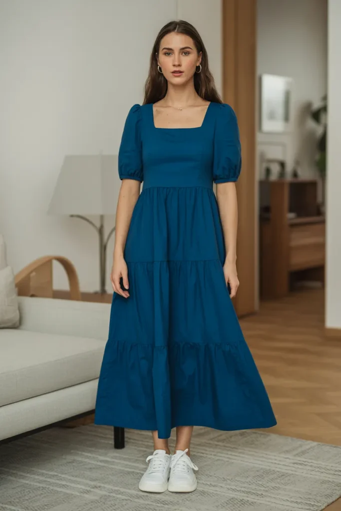 Square Neck Long Dark Blue Tiered Dress with Sneakers