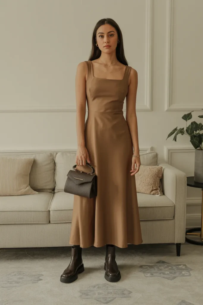Square Neck Long Dress with Chelsea Boots