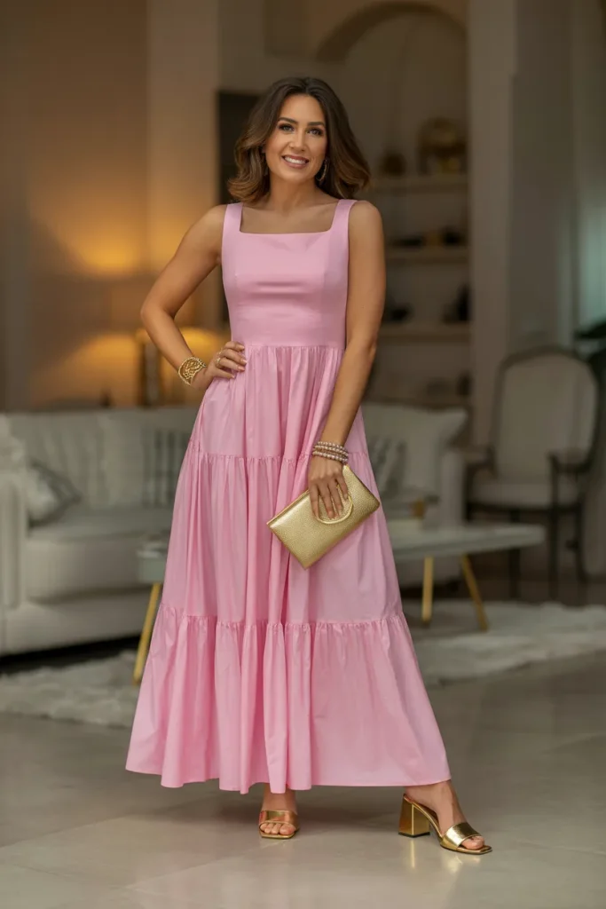 Square Neck Long Pink Tiered Dress with Square Toe Golden Heels