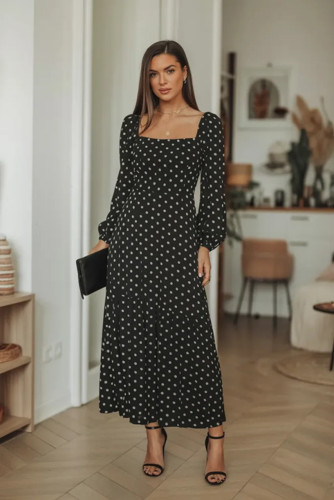 Square Neck Long Polka Dot Dress