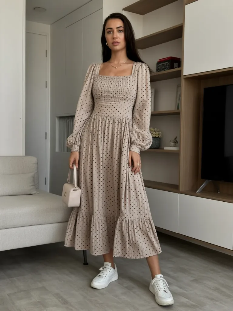 Square Neck Long Polka Dot Dress with Sneakers