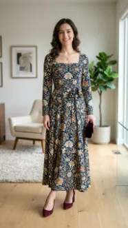 Square Neck Long Printed Dress with Pumps